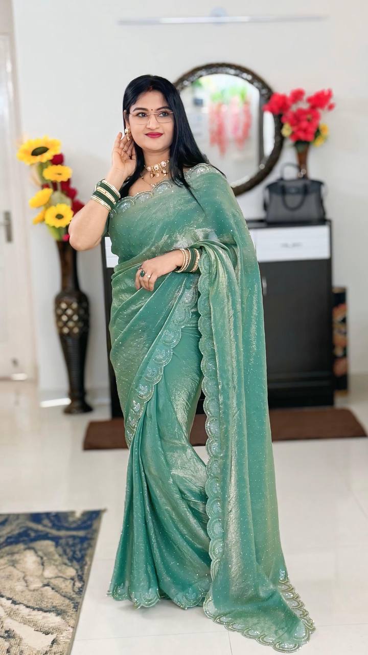 Space Silk Swarovski Work Saree With Scalloped