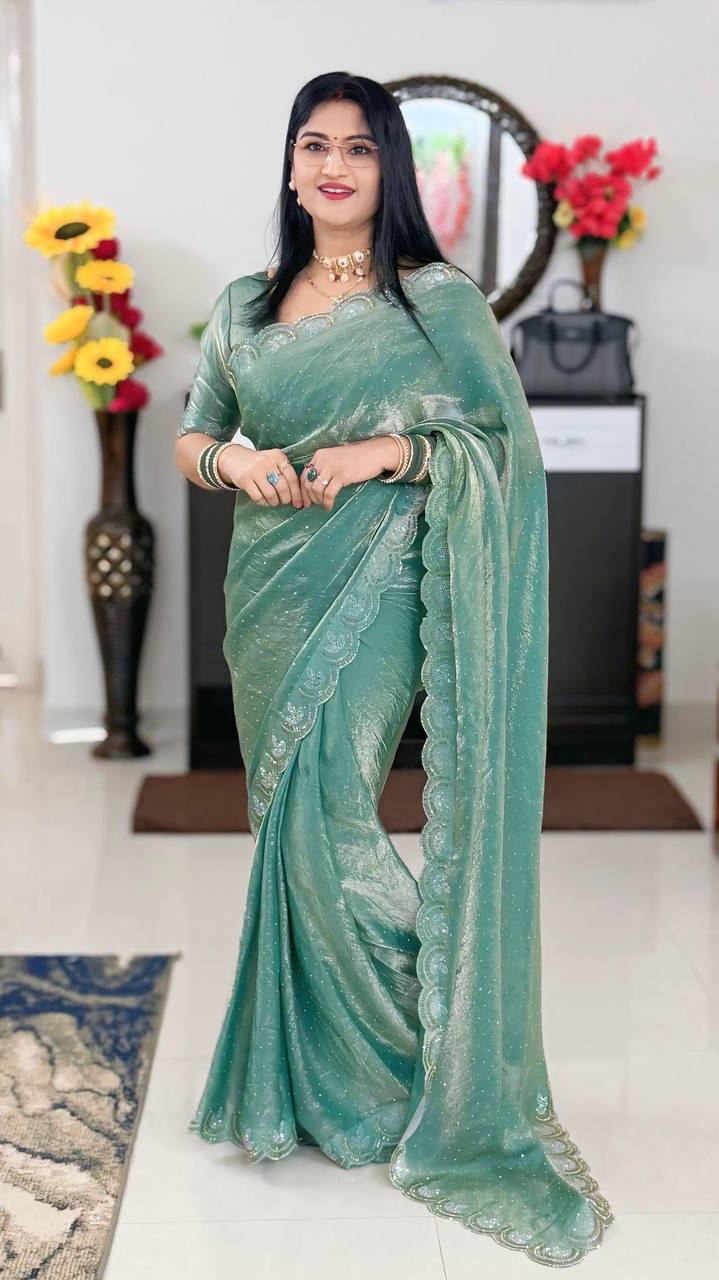 Space Silk Swarovski Work Saree With Scalloped