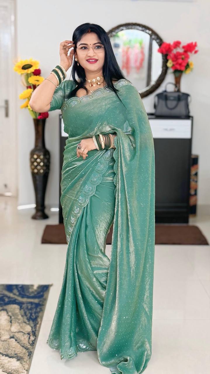 Space Silk Swarovski Work Saree With Scalloped