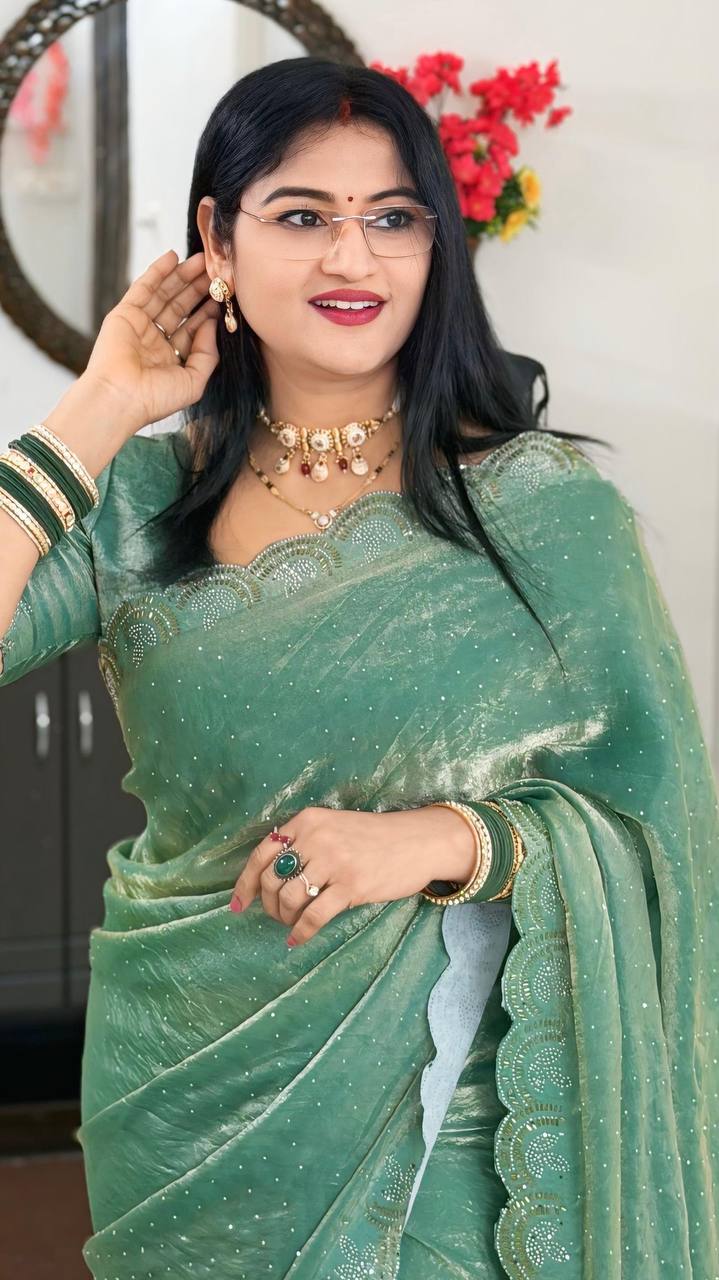 Space Silk Swarovski Work Saree With Scalloped