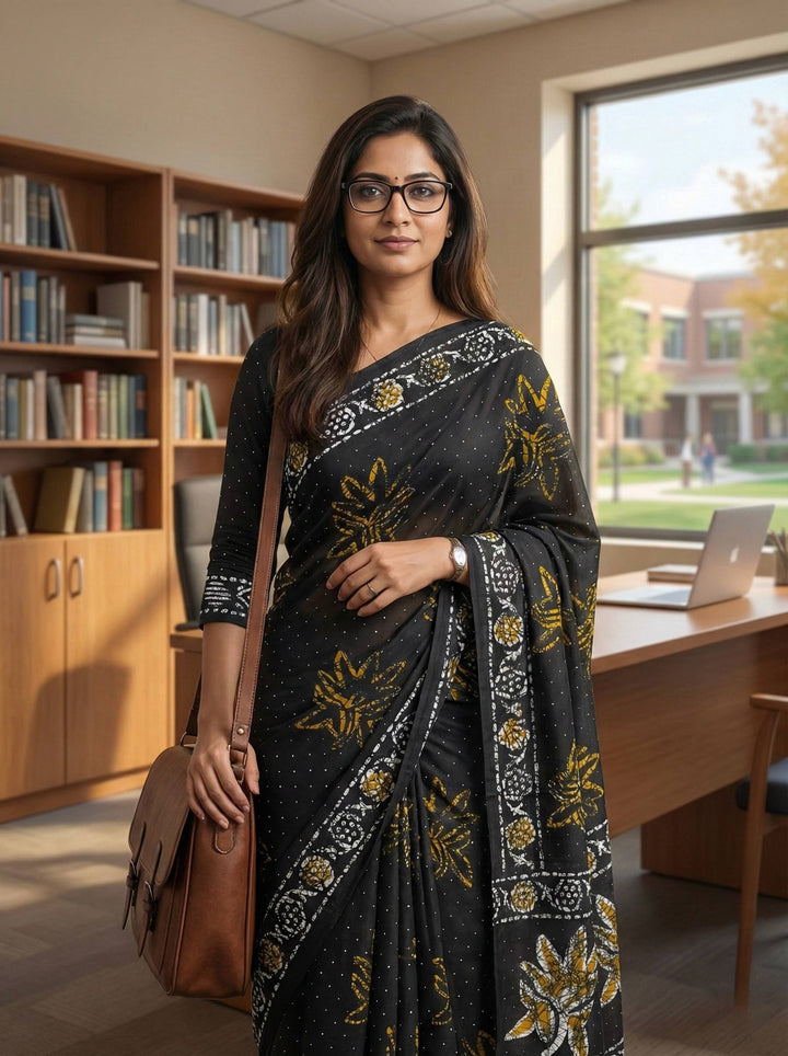 Black Color Mul Mul Cotton Office Wear Sarees