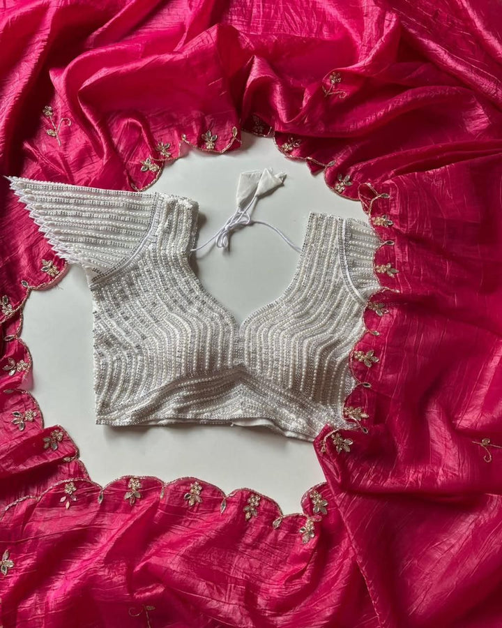 Tatvah Soft Gold Crush Silk Pearl Work Saree With Stitched Blouse Size Adjust Till  42"