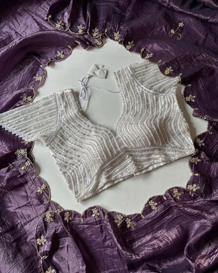 Tatvah Soft Gold Crush Silk Pearl Work Saree With Stitched Blouse Size Adjust Till  42"