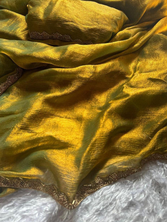 Women Beads and Stones Organza Saree