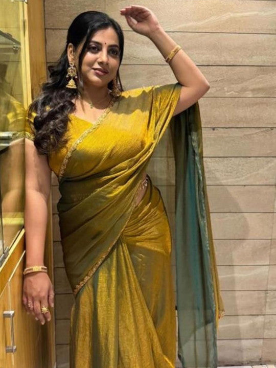 Women Beads and Stones Organza Saree