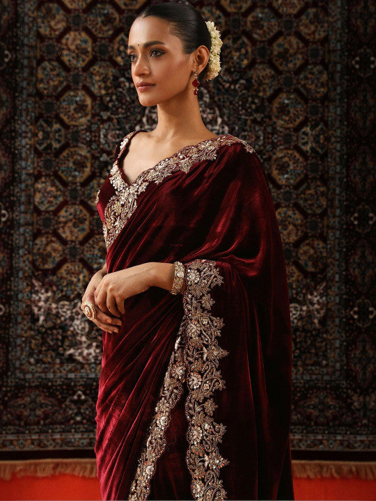 Embellished Zari Velvet Heavy Work Saree